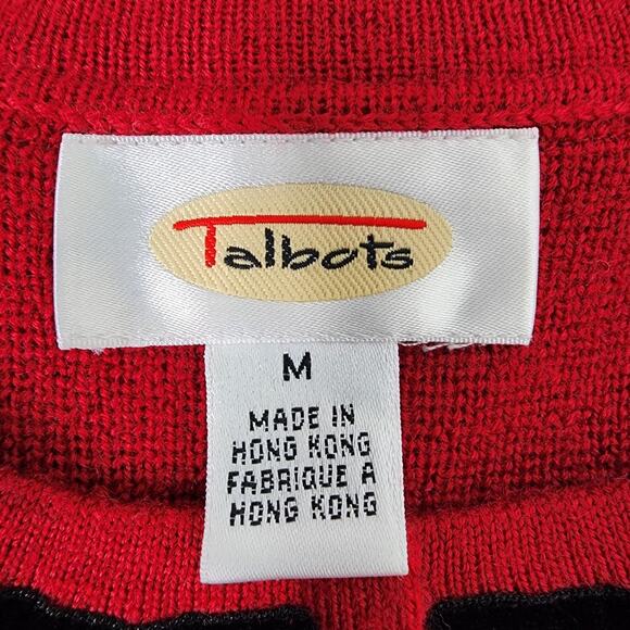 Talbots Cardigan Sweater Medium Red Black Velvet Trim Snap Toggle Merino Wool - Picture 8 of 9